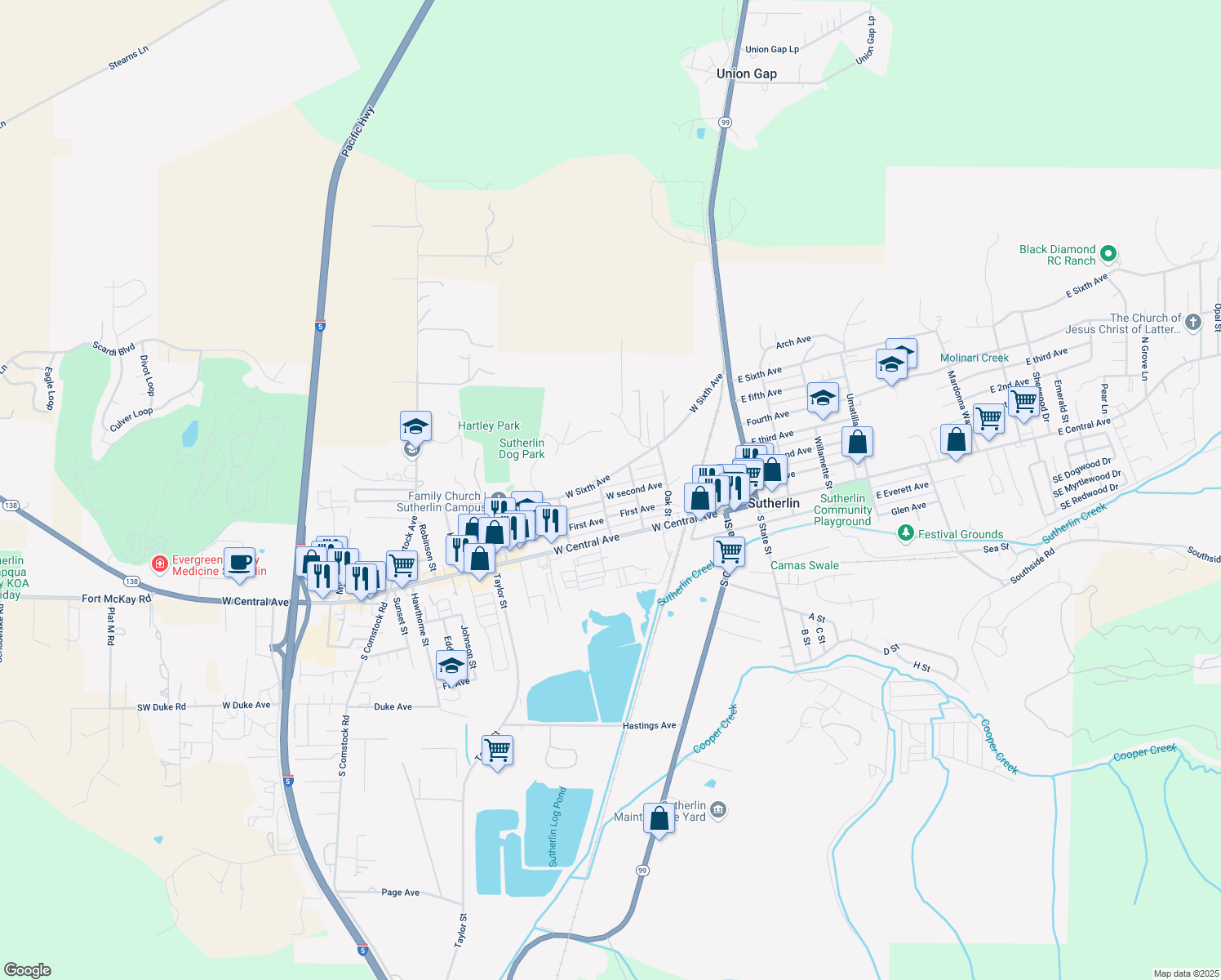map of restaurants, bars, coffee shops, grocery stores, and more near 525 West 2nd Avenue in Sutherlin