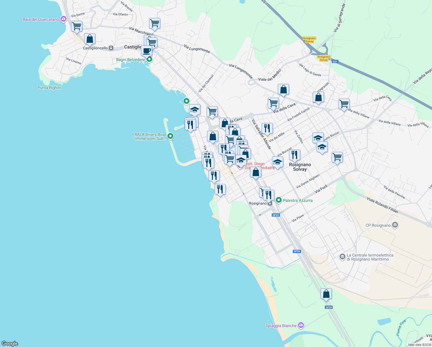 map of restaurants, bars, coffee shops, grocery stores, and more near 12 Viale Trieste in Rosignano Solvay-castiglioncell