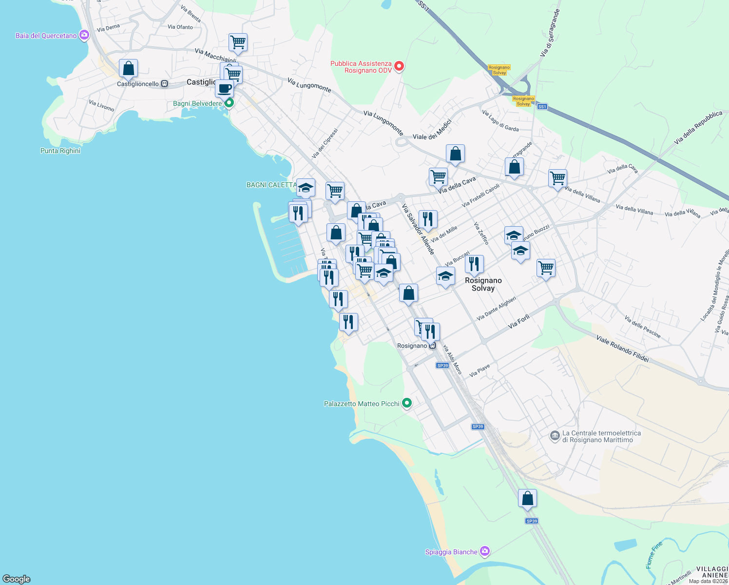 map of restaurants, bars, coffee shops, grocery stores, and more near 22 Via Arturo Toscanini in Rosignano Solvay-castiglioncell