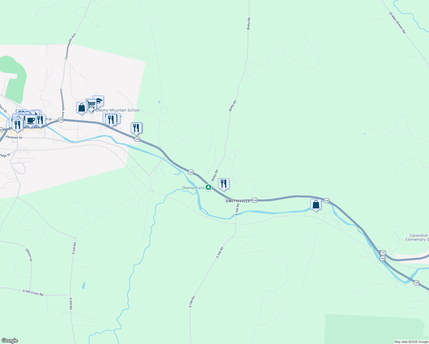 map of restaurants, bars, coffee shops, grocery stores, and more near 63 Bixby Road in Windsor County