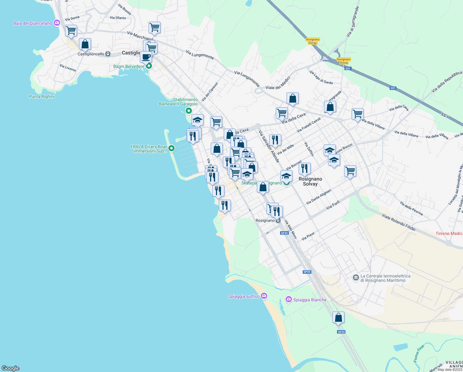 map of restaurants, bars, coffee shops, grocery stores, and more near 1 Via Gioacchino Rossini in Rosignano Solvay-Castiglioncello