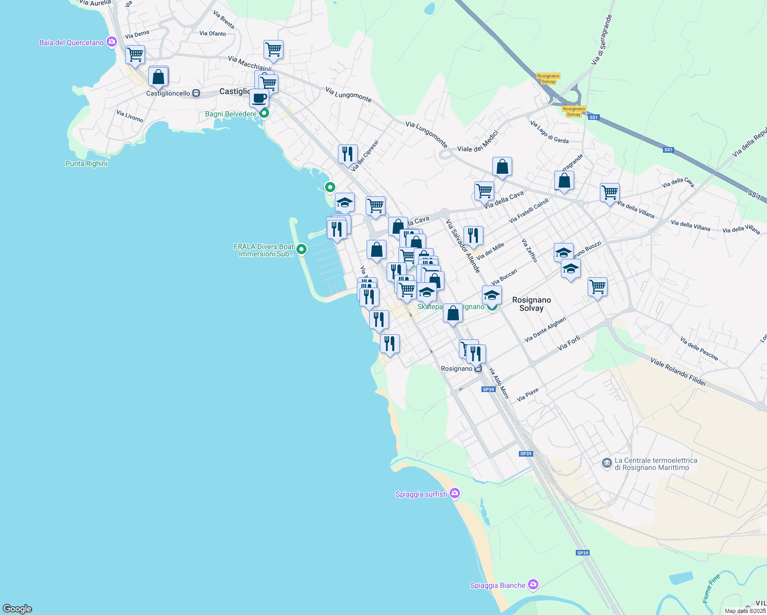 map of restaurants, bars, coffee shops, grocery stores, and more near 99 Via Pietro Mascagni in Rosignano Solvay-castiglioncell