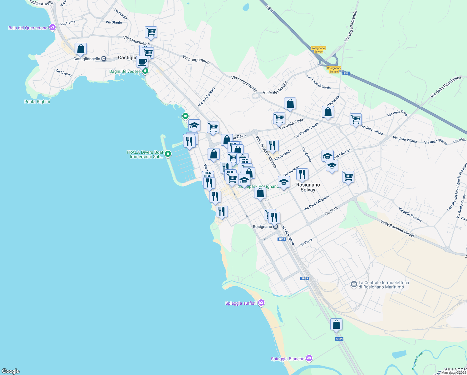 map of restaurants, bars, coffee shops, grocery stores, and more near 22 Via Arturo Toscanini in Rosignano Solvay-castiglioncell