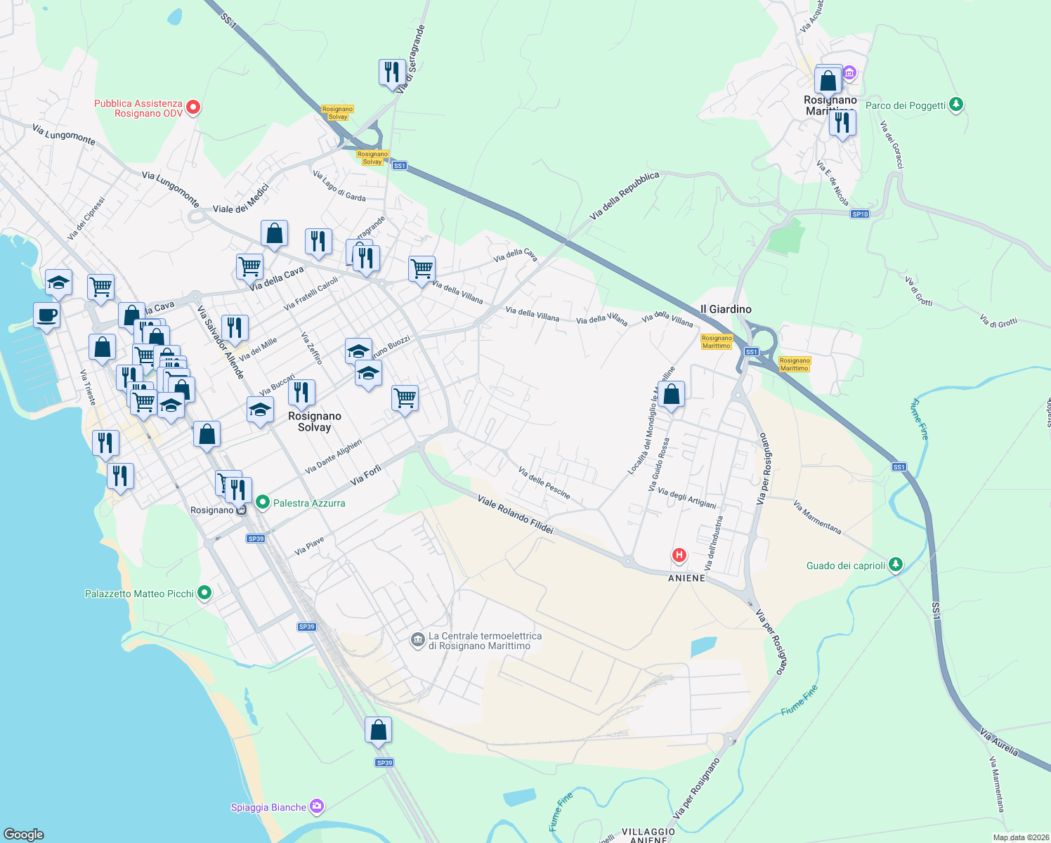 map of restaurants, bars, coffee shops, grocery stores, and more near 28 Via Fiammetta in Rosignano Solvay
