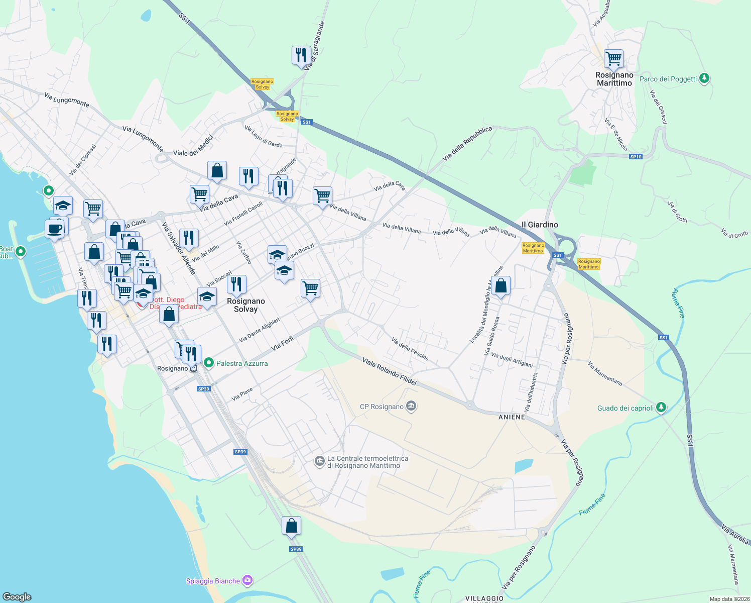 map of restaurants, bars, coffee shops, grocery stores, and more near 11 Via Fiammetta in Rosignano Solvay-Castiglioncello