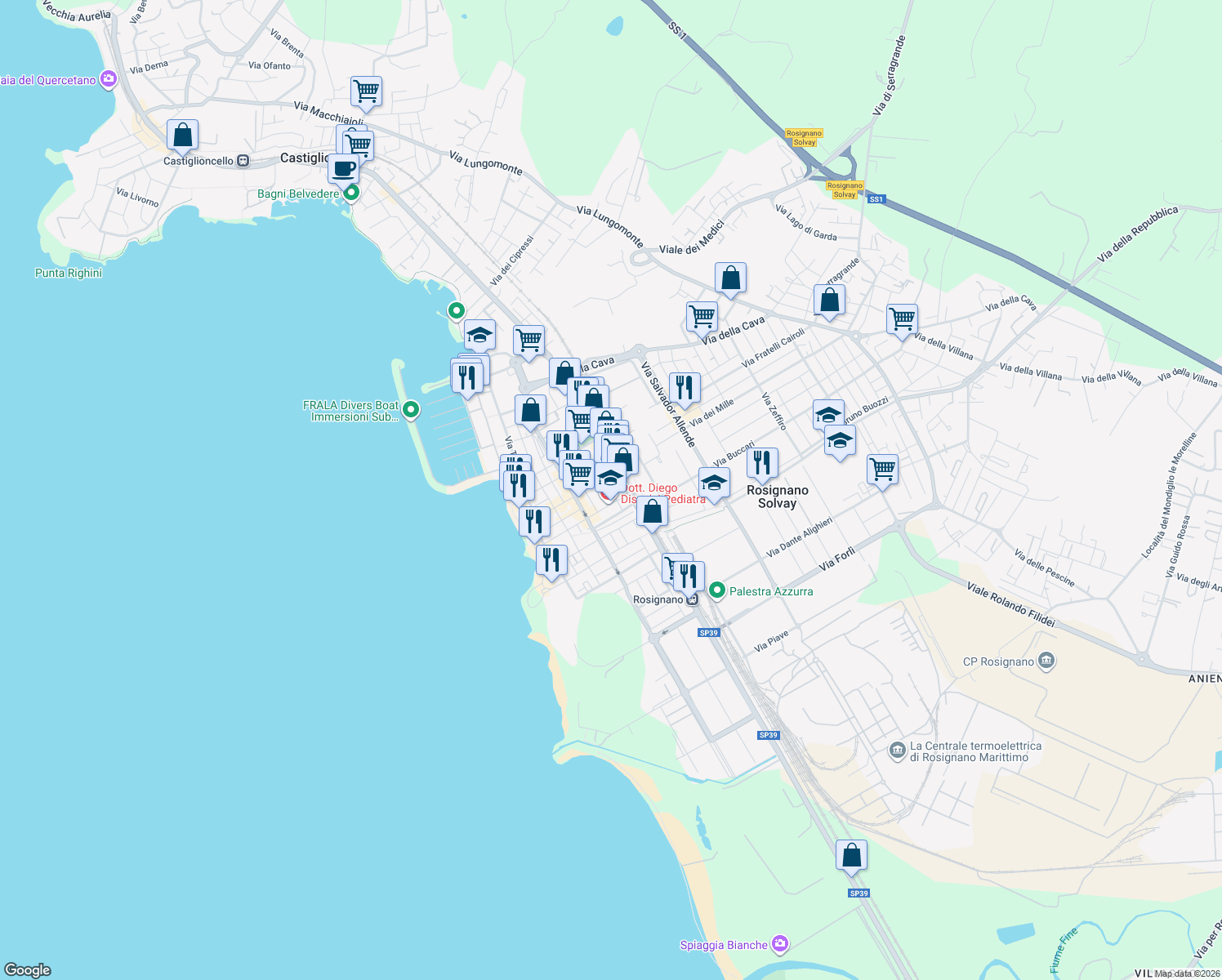 map of restaurants, bars, coffee shops, grocery stores, and more near 9A Via Giuseppe Verdi in Rosignano Solvay-castiglioncell