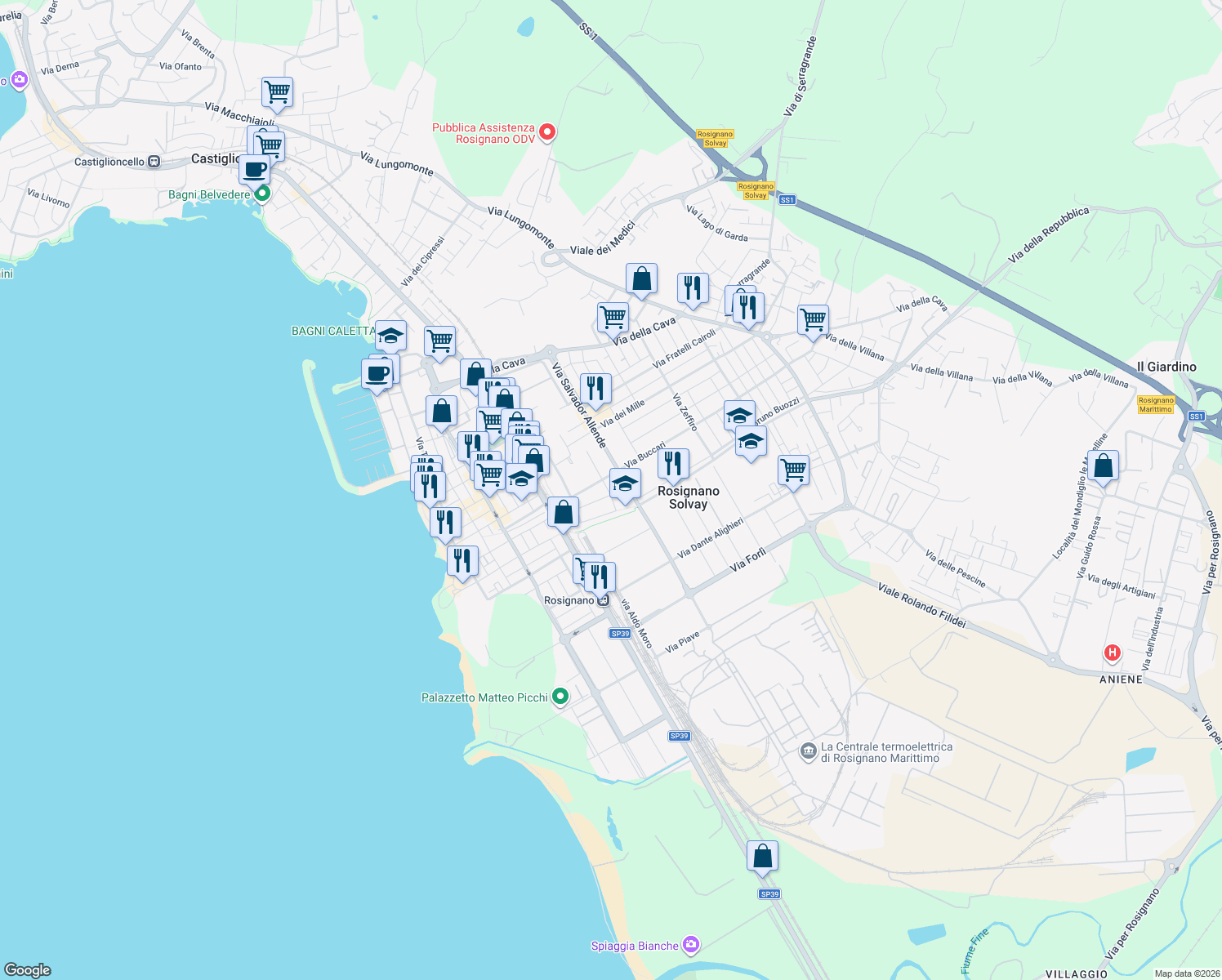 map of restaurants, bars, coffee shops, grocery stores, and more near 8 Via Ippolito Nievo in Rosignano Solvay-Castiglioncello