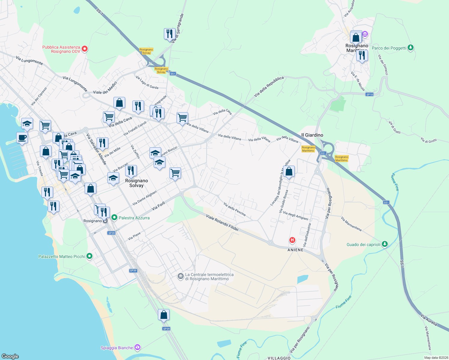 map of restaurants, bars, coffee shops, grocery stores, and more near 28 Via Fiammetta in Rosignano Solvay