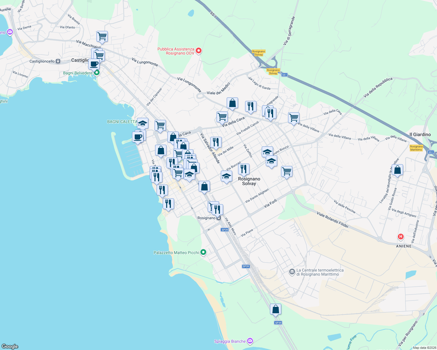 map of restaurants, bars, coffee shops, grocery stores, and more near 8 Via Ippolito Nievo in Rosignano Solvay-castiglioncell