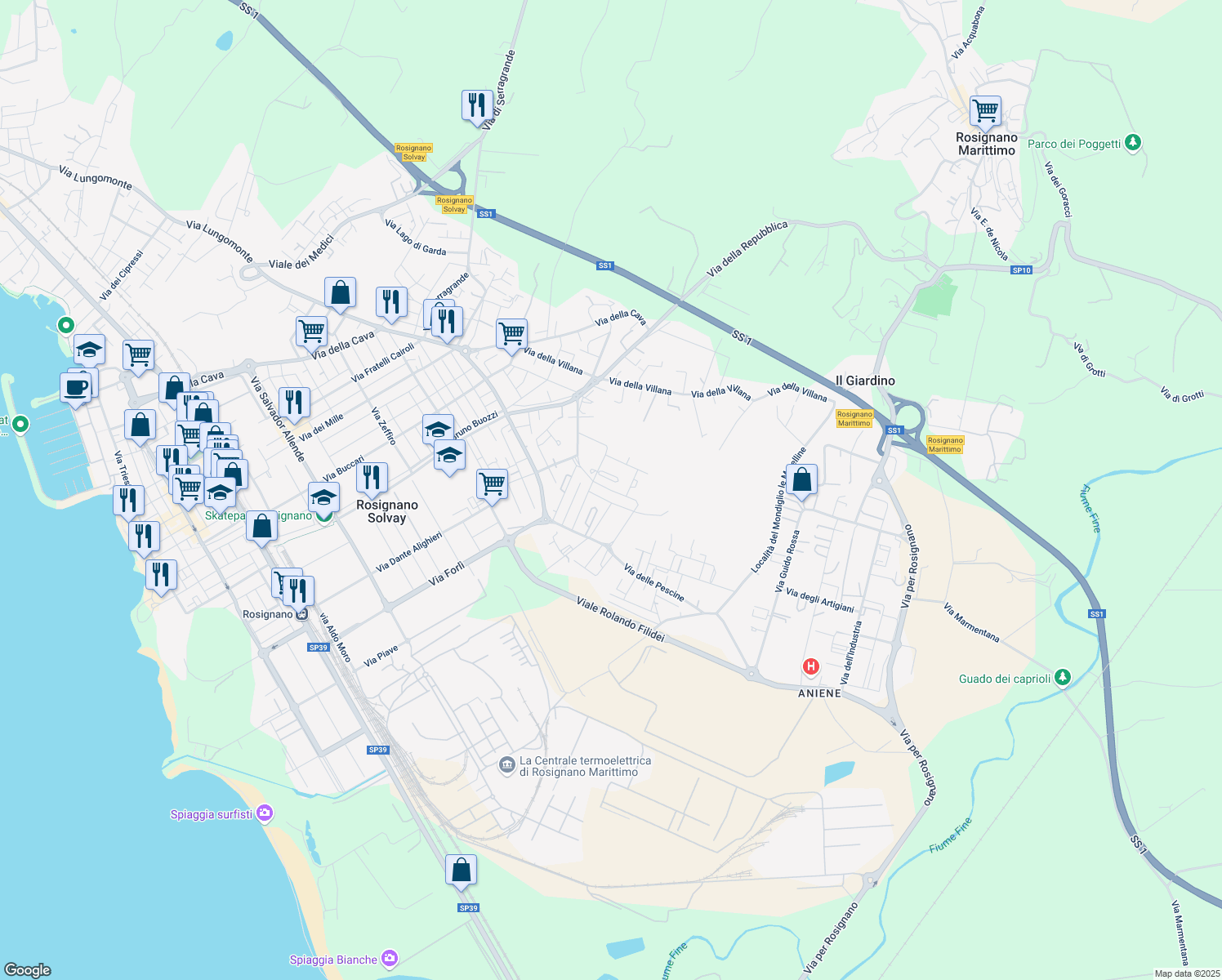 map of restaurants, bars, coffee shops, grocery stores, and more near 11 Via Fiammetta in Rosignano Solvay-Castiglioncello