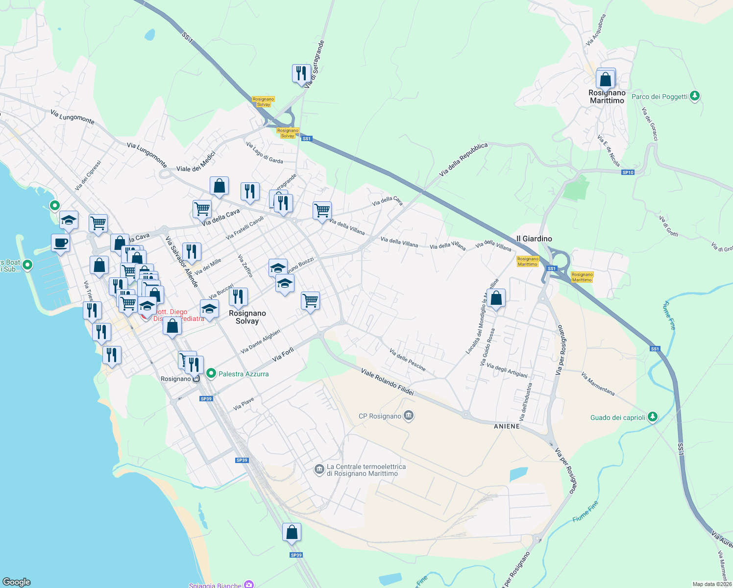 map of restaurants, bars, coffee shops, grocery stores, and more near 1 Via Rino Pachetti in Provincia di Livorno