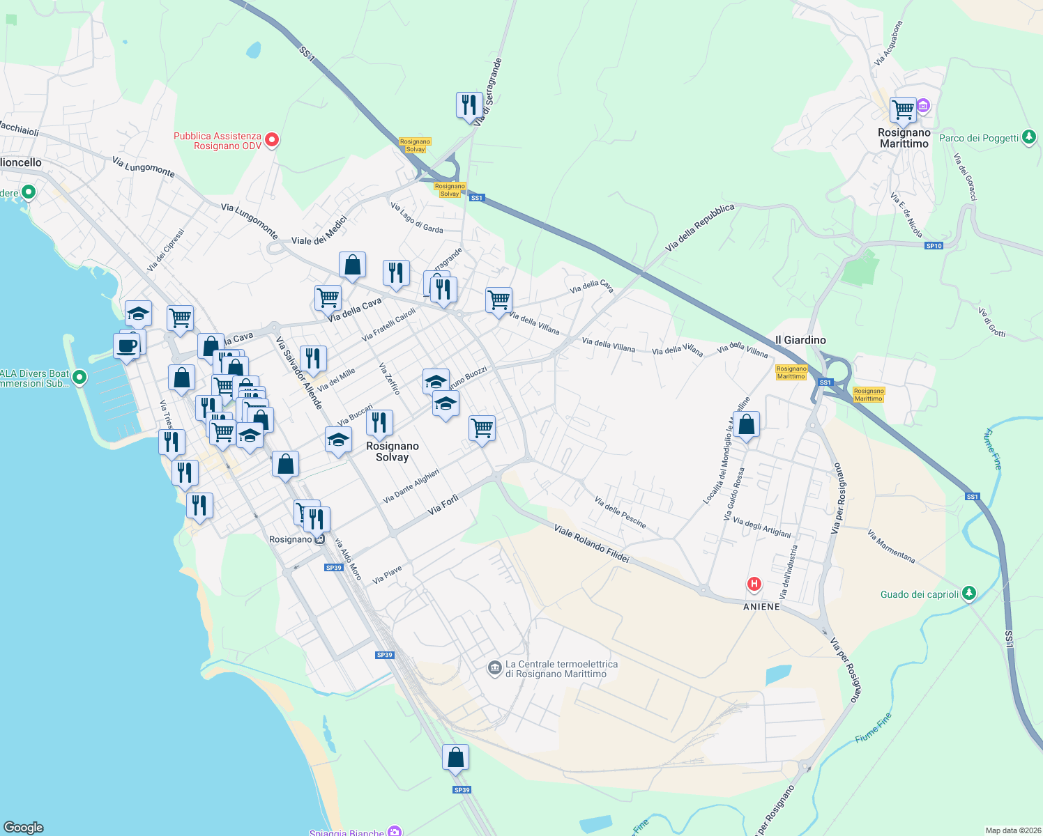 map of restaurants, bars, coffee shops, grocery stores, and more near 3 Via C. Pascarella in Rosignano Solvay-Castiglioncello