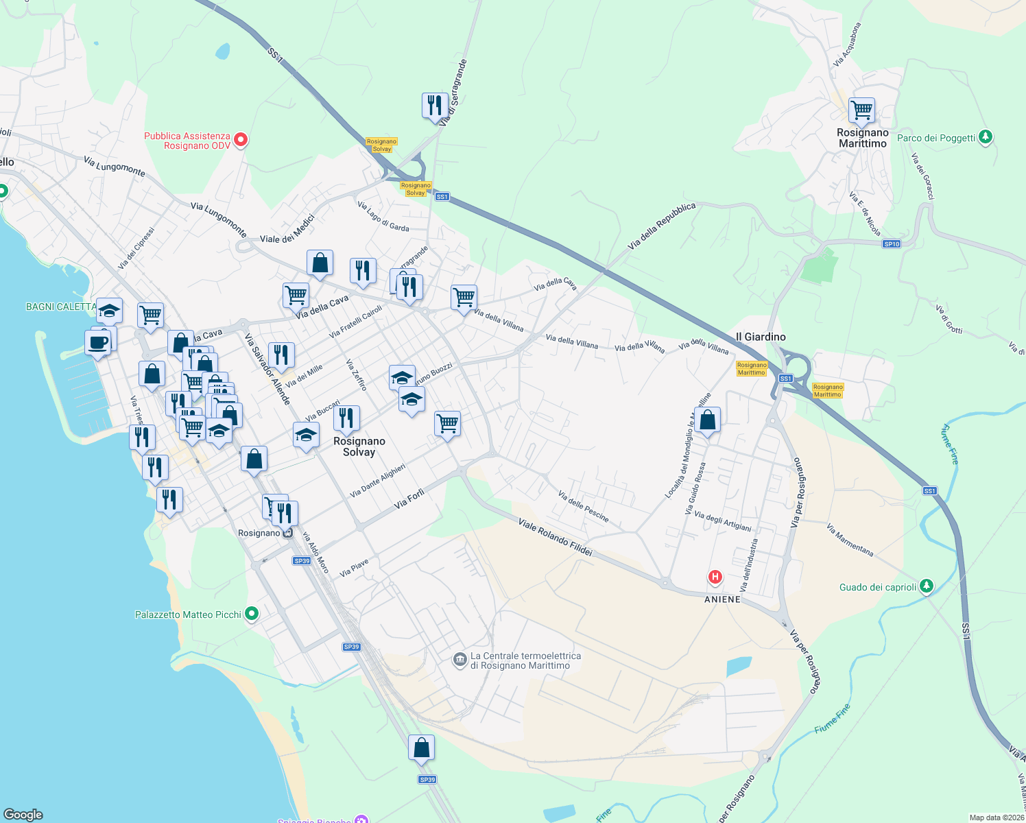 map of restaurants, bars, coffee shops, grocery stores, and more near 67 Via Evangelista Torricelli in Rosignano Solvay-Castiglioncello
