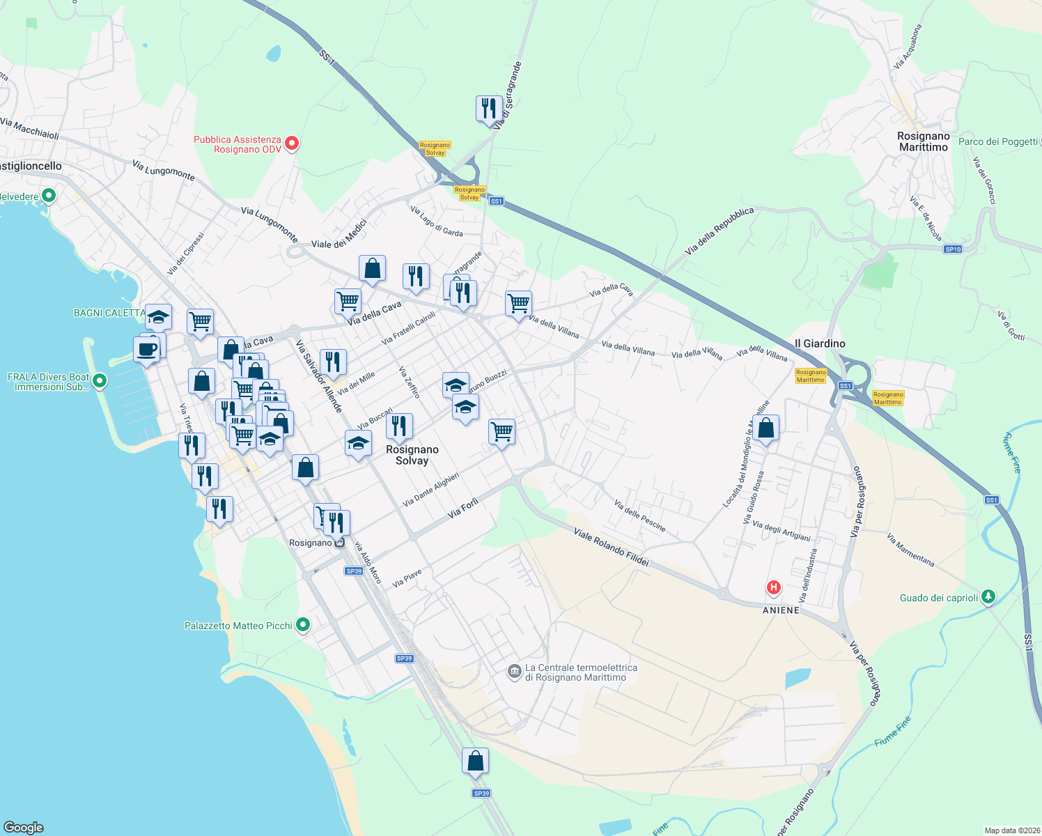 map of restaurants, bars, coffee shops, grocery stores, and more near 42 Via Carlo Collodi in Rosignano Solvay-Castiglioncello