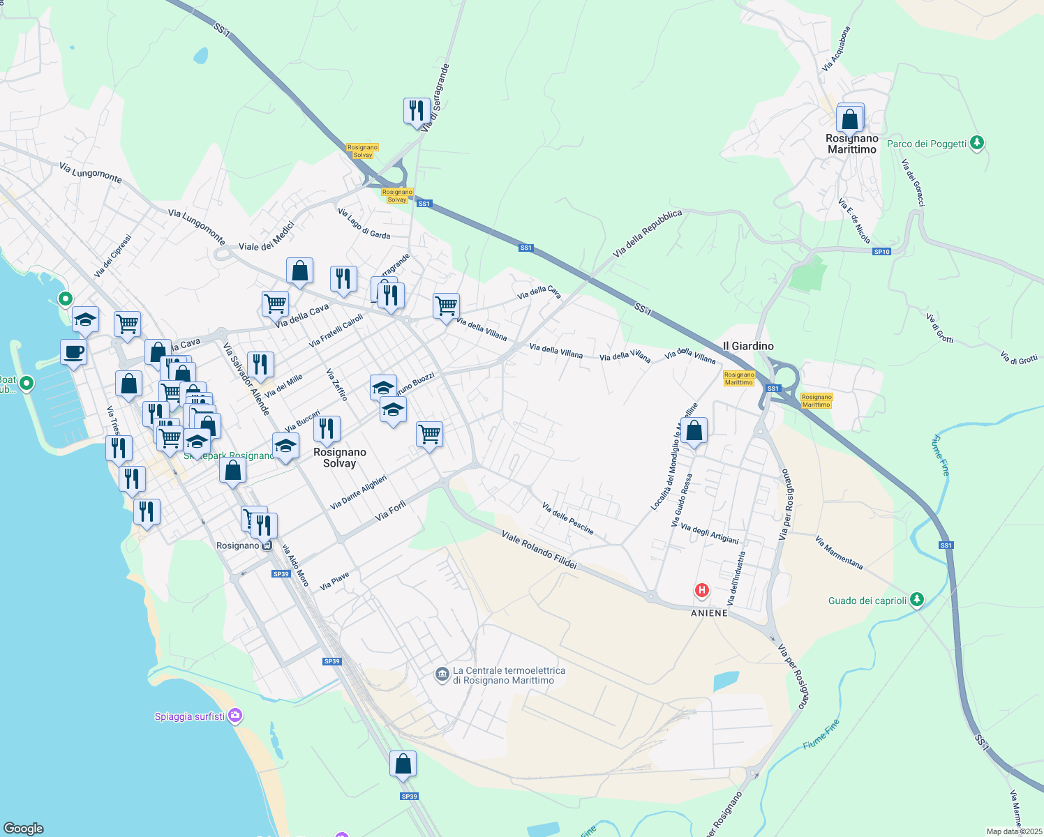 map of restaurants, bars, coffee shops, grocery stores, and more near 1 Via Rino Pachetti in Provincia di Livorno