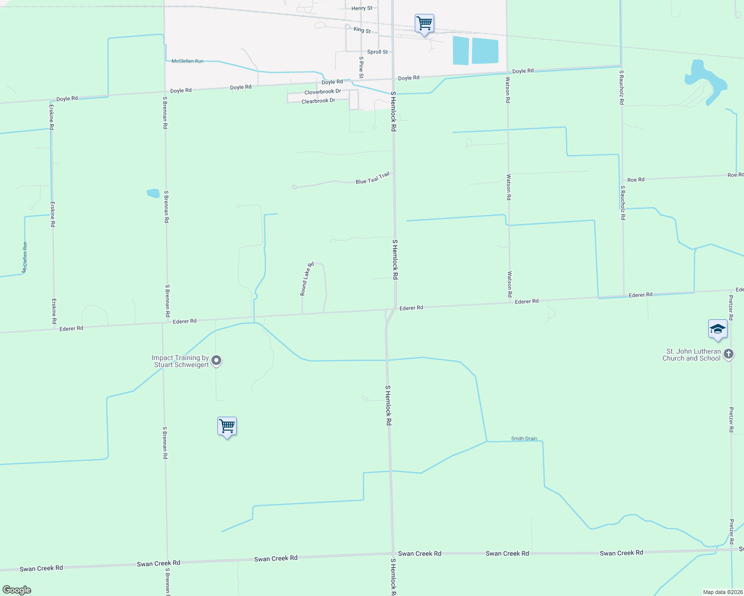 map of restaurants, bars, coffee shops, grocery stores, and more near 16000 Ederer Road in Hemlock