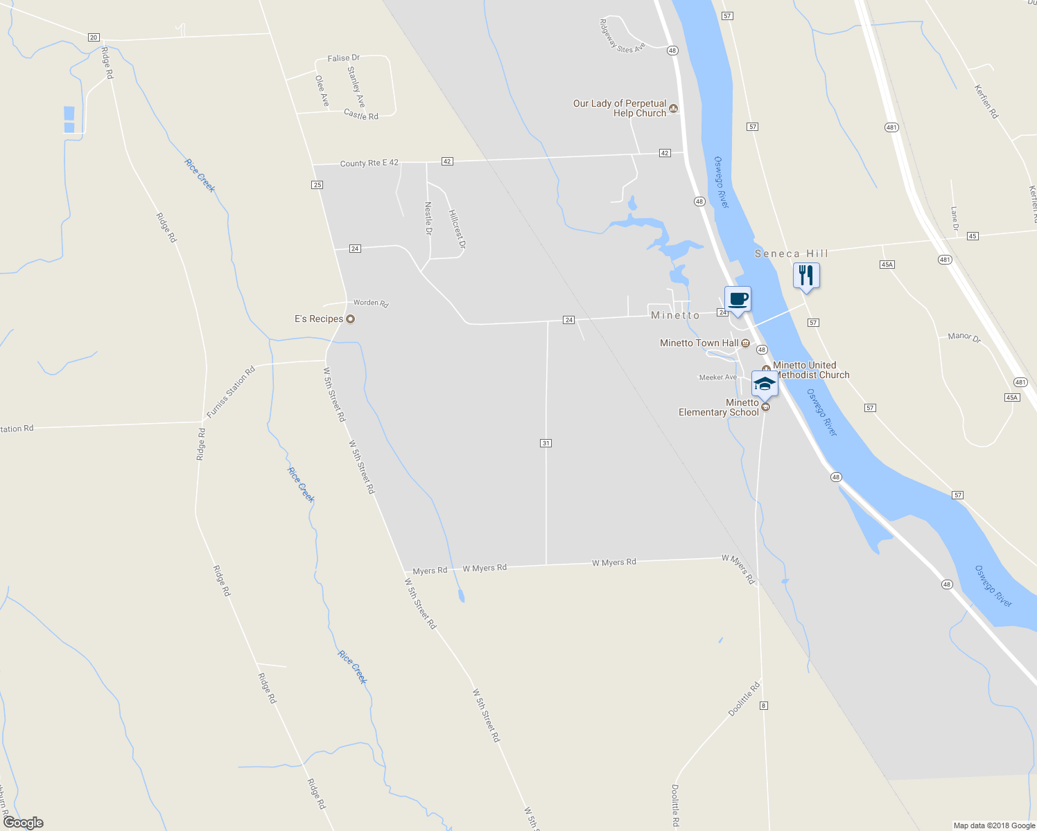 map of restaurants, bars, coffee shops, grocery stores, and more near 97 County Route 31 in Oswego