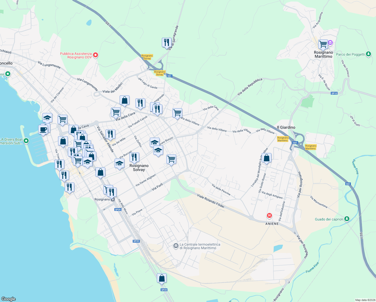 map of restaurants, bars, coffee shops, grocery stores, and more near 3 Via C. Pascarella in Rosignano Solvay-Castiglioncello