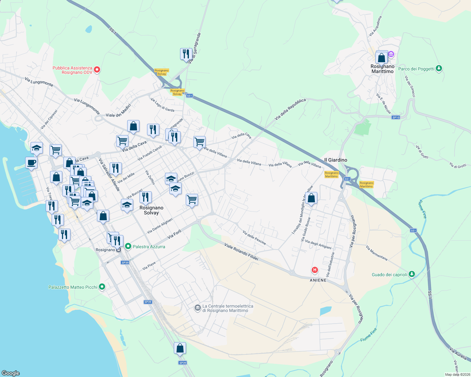 map of restaurants, bars, coffee shops, grocery stores, and more near 1 Via Rino Pachetti in Provincia di Livorno