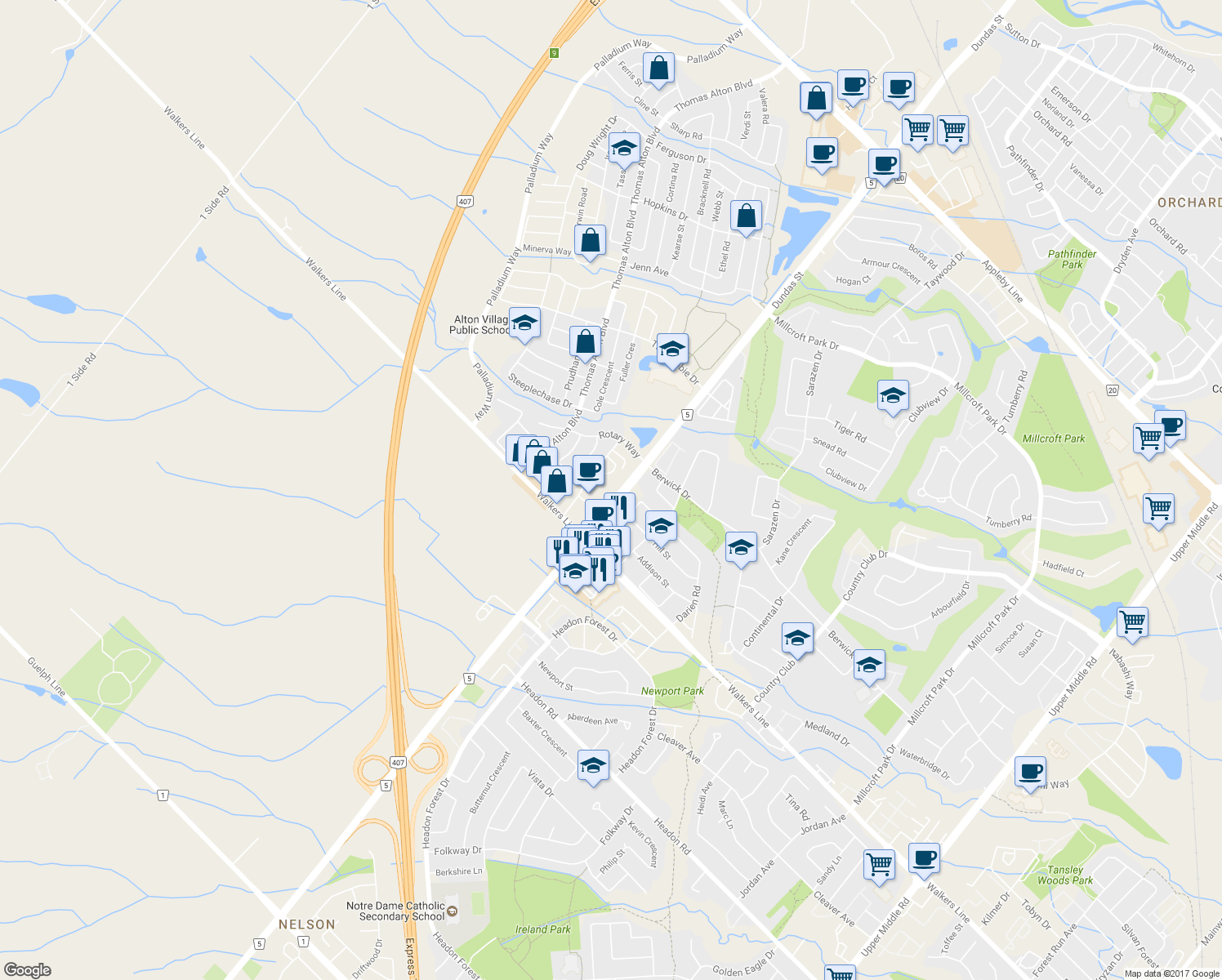 map of restaurants, bars, coffee shops, grocery stores, and more near Dundas Street in Burlington