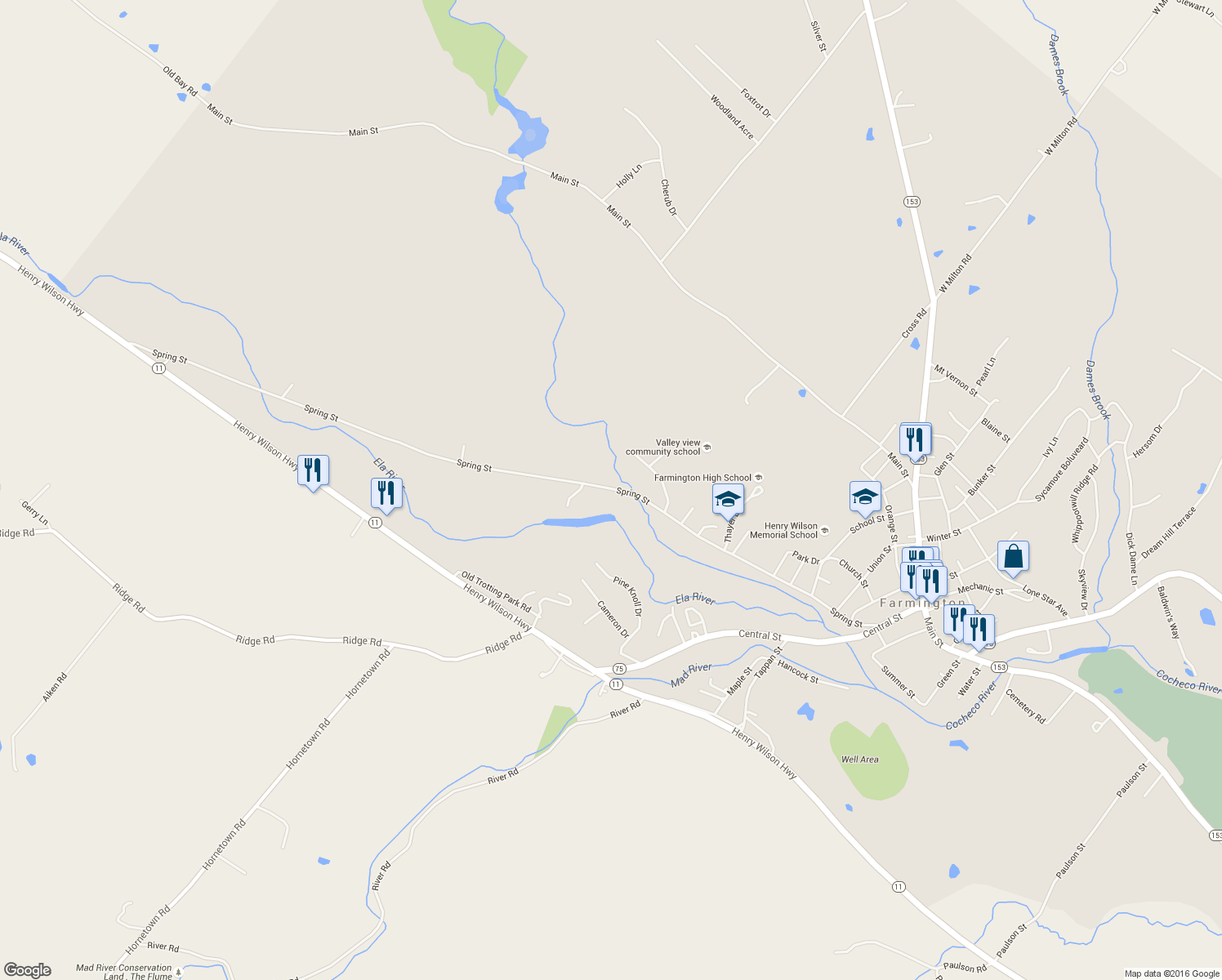 map of restaurants, bars, coffee shops, grocery stores, and more near 176 Spring Street in Farmington