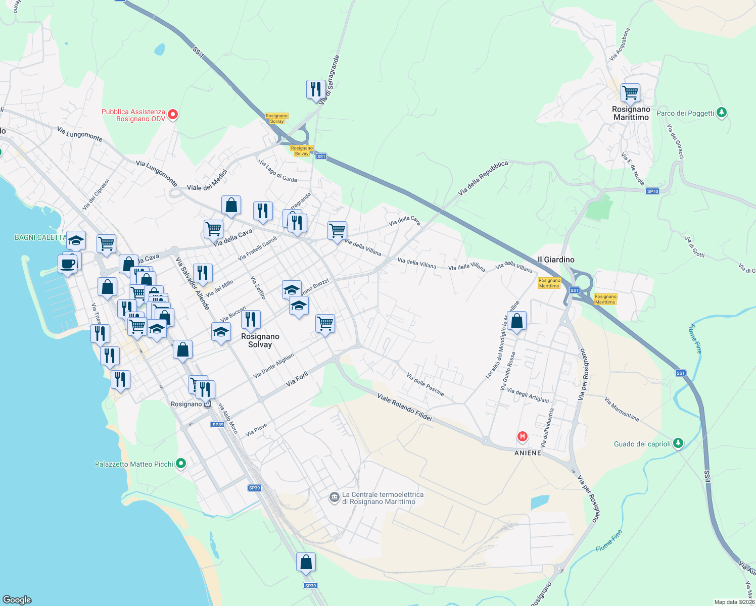 map of restaurants, bars, coffee shops, grocery stores, and more near 67 Via Evangelista Torricelli in Rosignano Solvay-Castiglioncello
