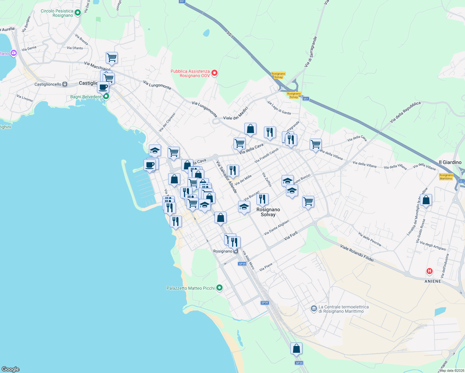 map of restaurants, bars, coffee shops, grocery stores, and more near 2 Via Spartaco Lavagnini in Rosignano Solvay-Castiglioncello