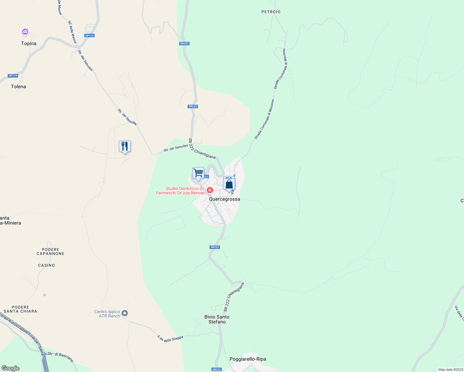 map of restaurants, bars, coffee shops, grocery stores, and more near 11A Via di Petroio in Quercegrossa