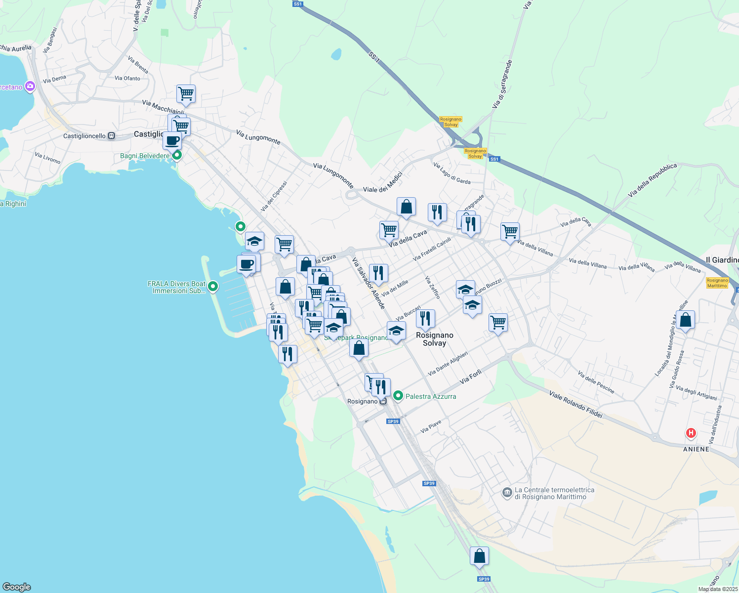 map of restaurants, bars, coffee shops, grocery stores, and more near 2 Via Spartaco Lavagnini in Rosignano Solvay-Castiglioncello