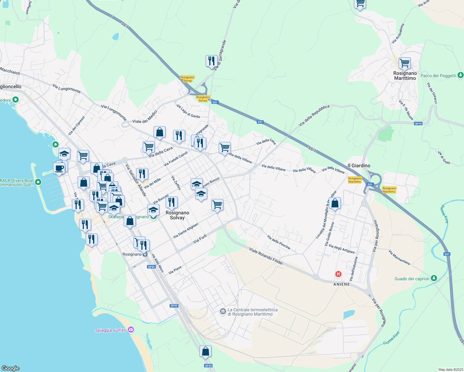 map of restaurants, bars, coffee shops, grocery stores, and more near 32 Via Guido Gozzano in Rosignano Solvay-Castiglioncello