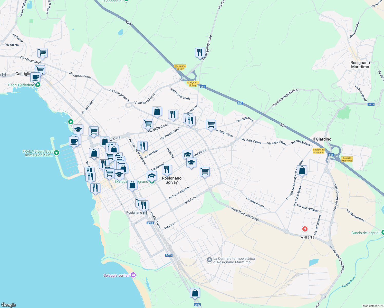 map of restaurants, bars, coffee shops, grocery stores, and more near 4 Via Parenzo in Rosignano Solvay-Castiglioncello