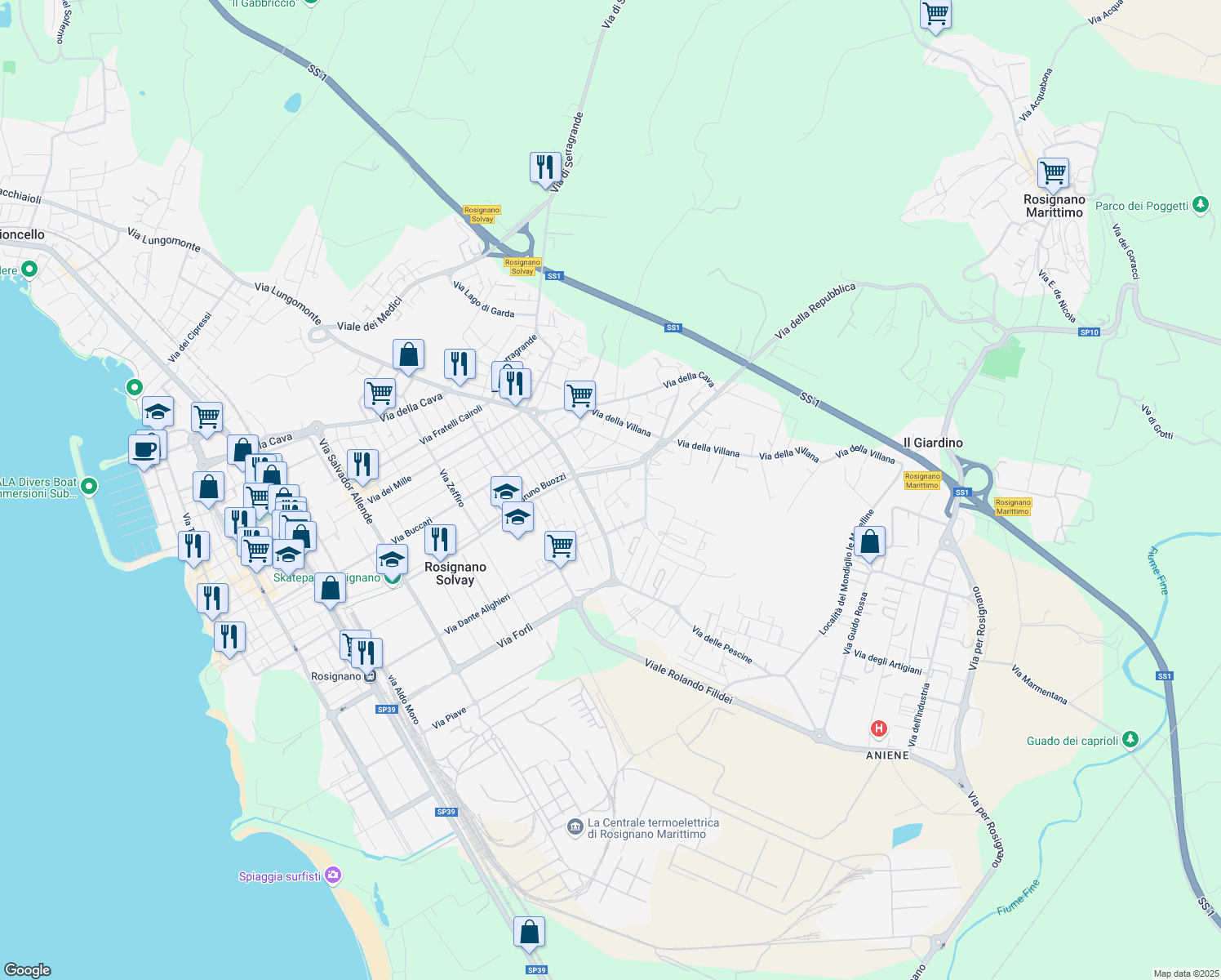 map of restaurants, bars, coffee shops, grocery stores, and more near 32 Via Guido Gozzano in Rosignano Solvay-Castiglioncello