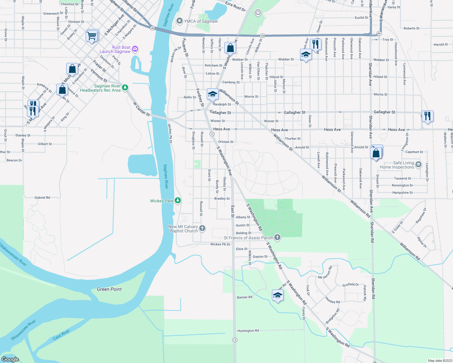 map of restaurants, bars, coffee shops, grocery stores, and more near 3240 Glasby Street in Saginaw