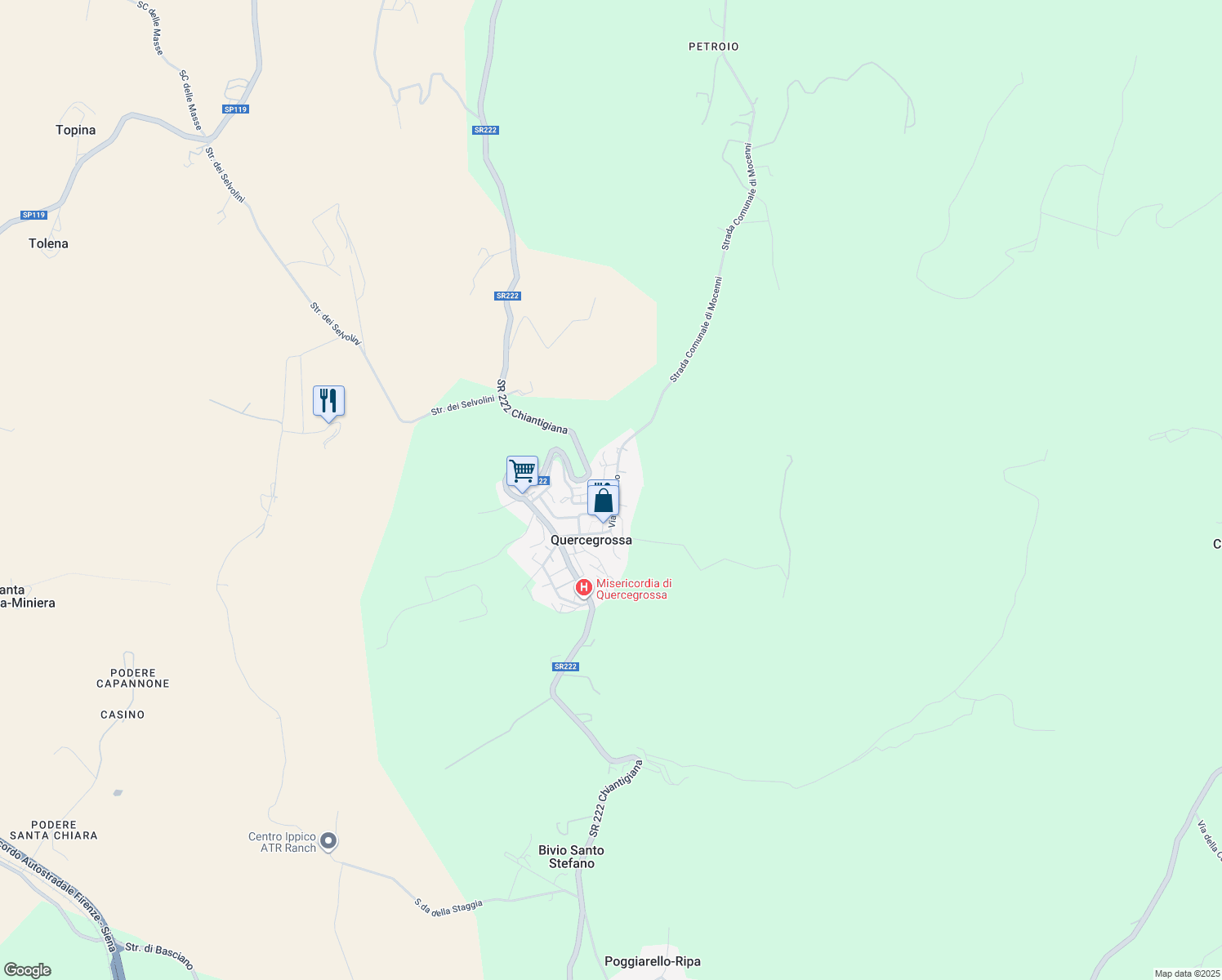 map of restaurants, bars, coffee shops, grocery stores, and more near 11A Via di Petroio in Quercegrossa