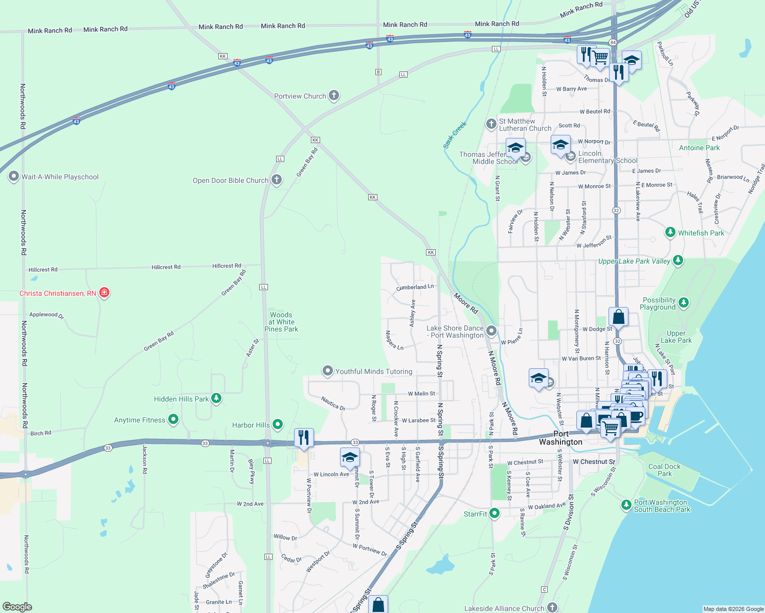 map of restaurants, bars, coffee shops, grocery stores, and more near 1057 Cumberland Ln in Port Washington