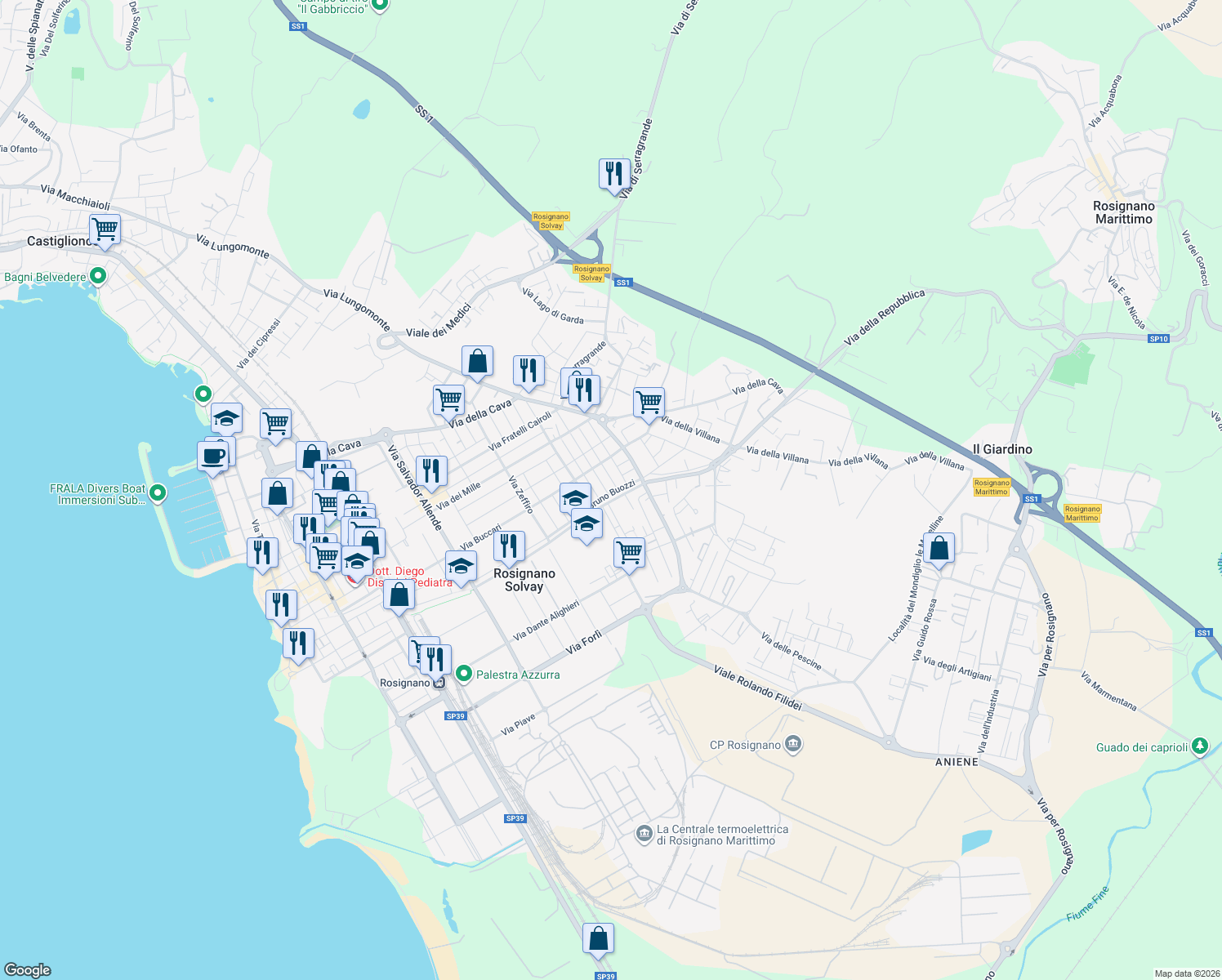 map of restaurants, bars, coffee shops, grocery stores, and more near 42 Via della Repubblica in Rosignano Solvay-Castiglioncello
