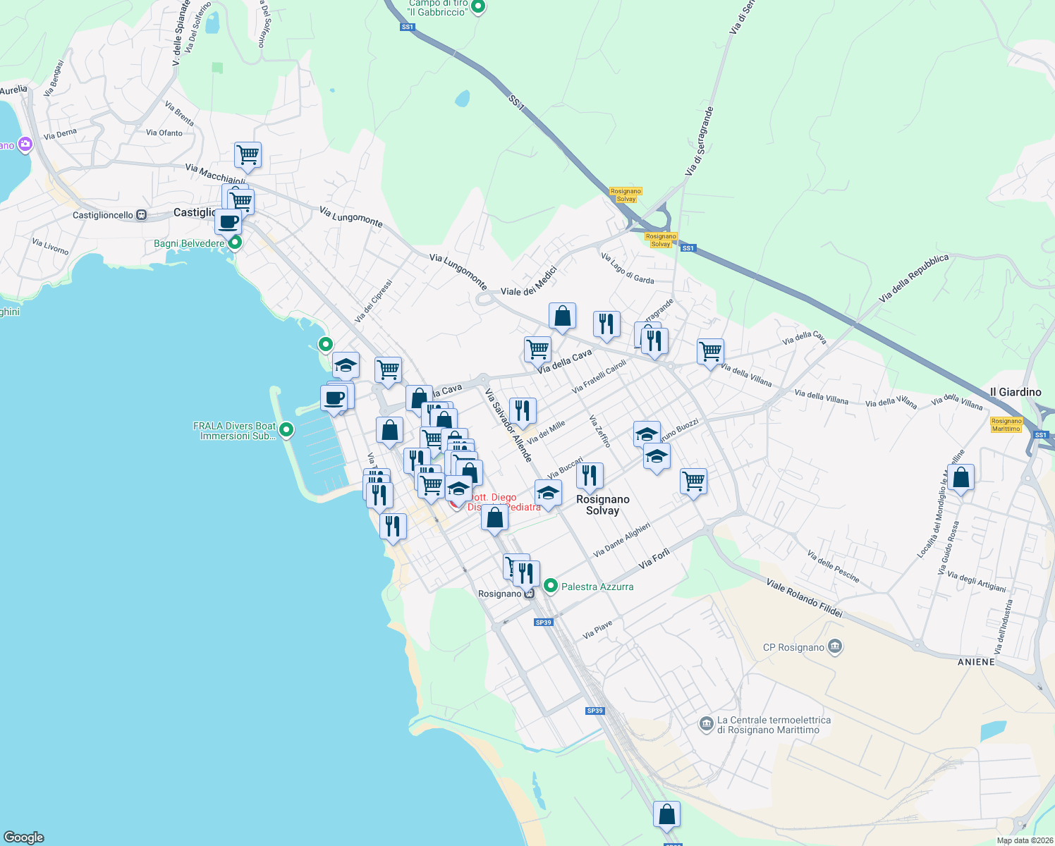 map of restaurants, bars, coffee shops, grocery stores, and more near 2 Via Fratelli Bandiera in Rosignano Solvay-Castiglioncello