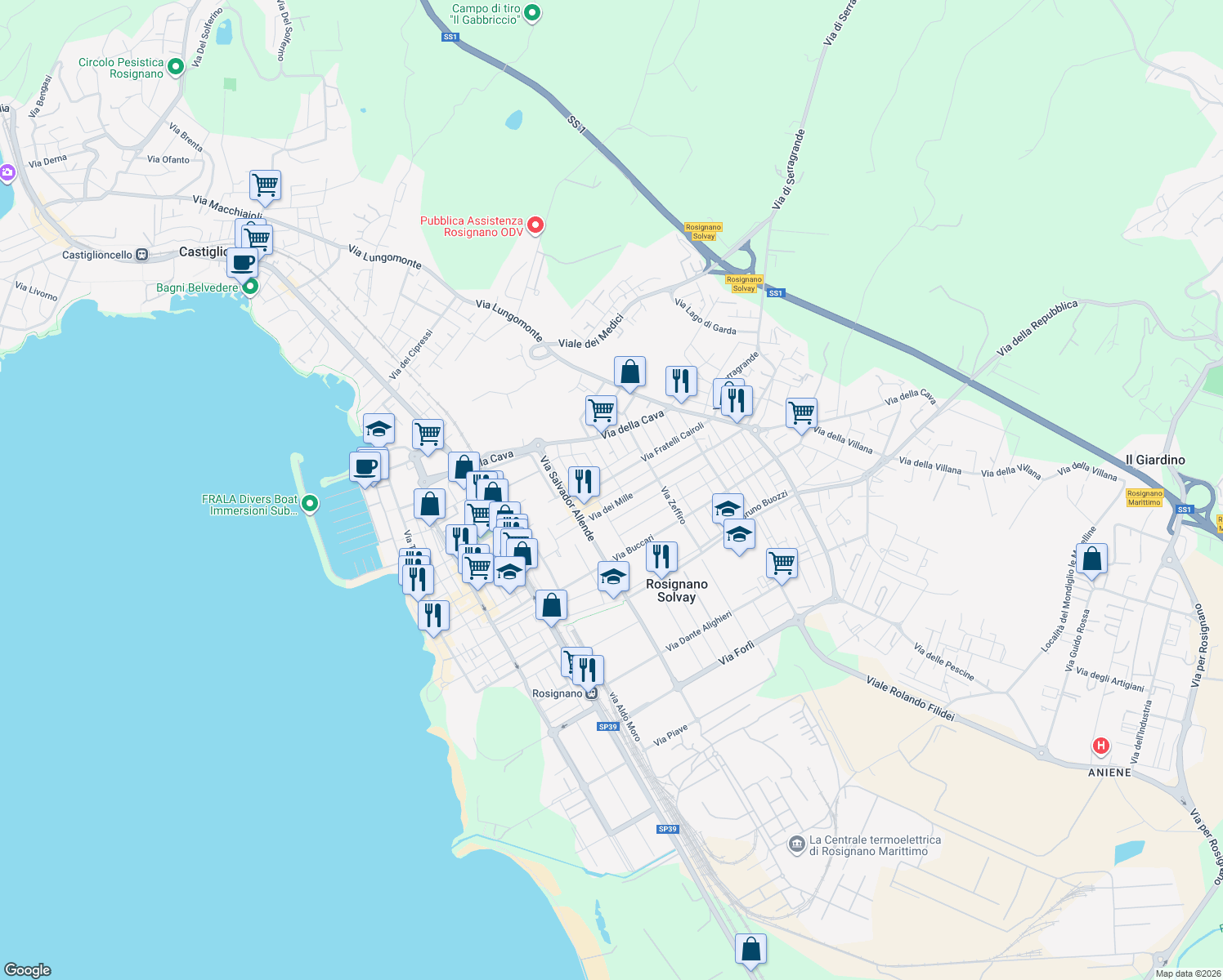 map of restaurants, bars, coffee shops, grocery stores, and more near 2 Via Fratelli Bandiera in Rosignano Solvay-Castiglioncello