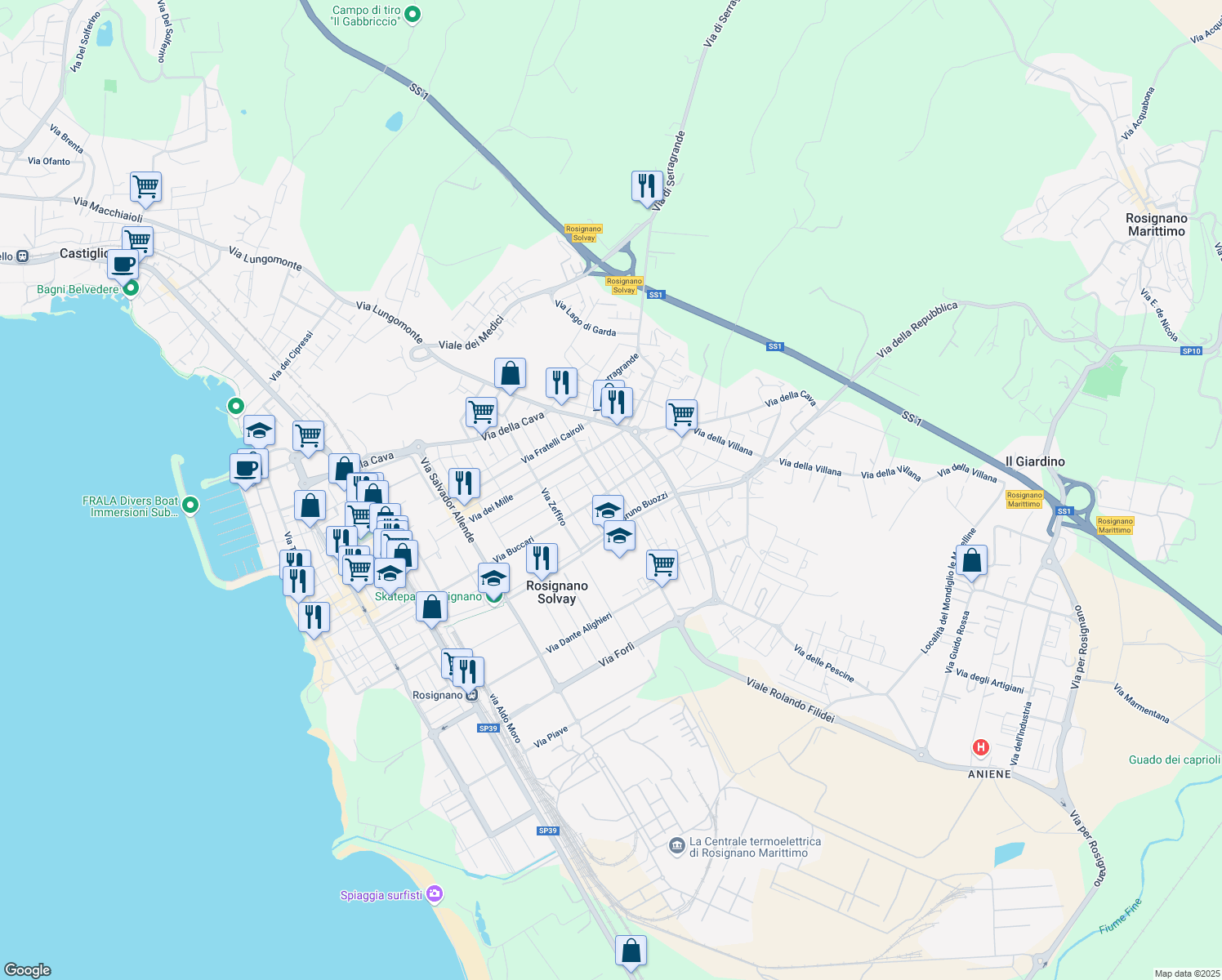 map of restaurants, bars, coffee shops, grocery stores, and more near 4 Via Parenzo in Rosignano Solvay-Castiglioncello