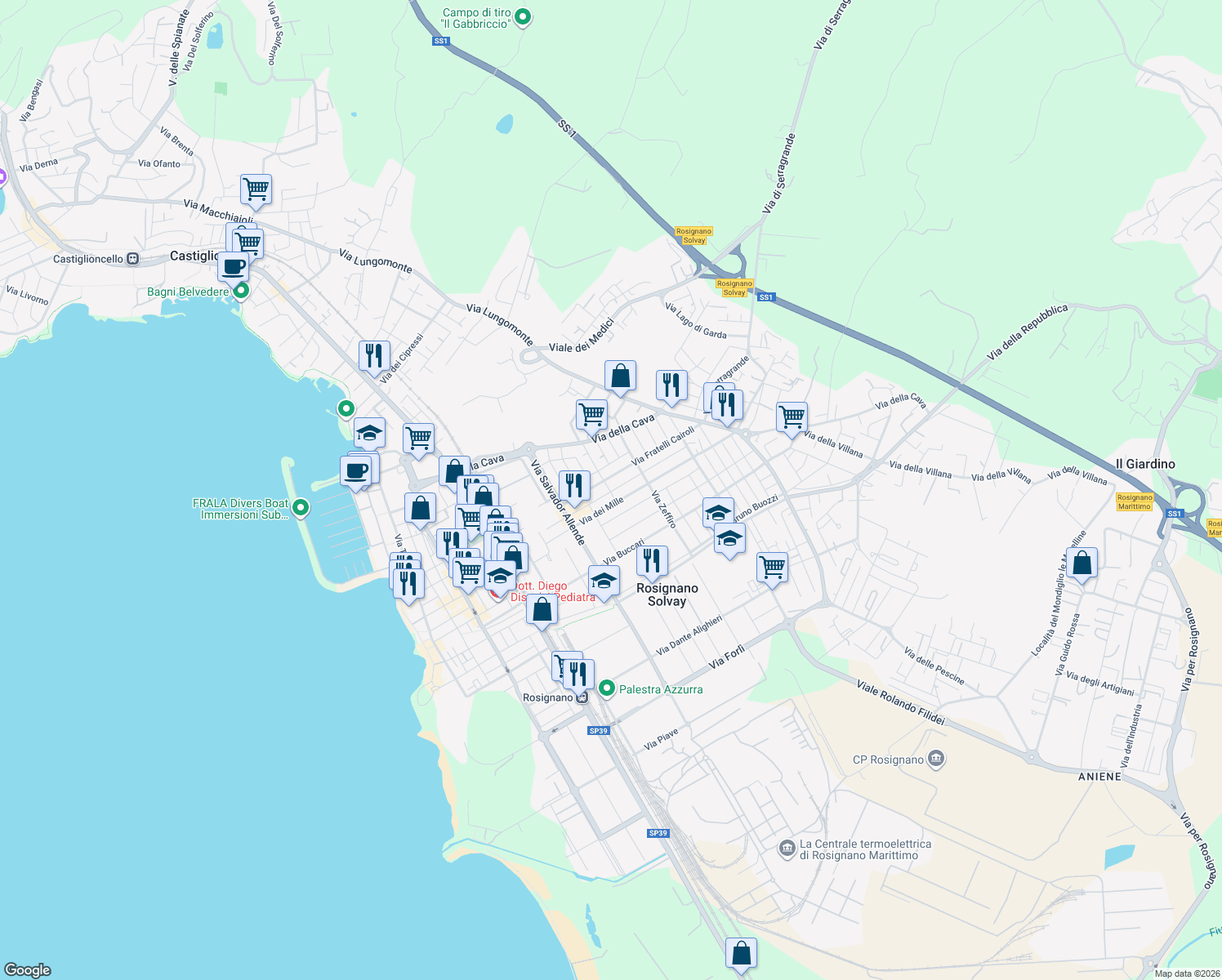 map of restaurants, bars, coffee shops, grocery stores, and more near 45 Via Fratelli Cairoli in Rosignano Solvay-Castiglioncello