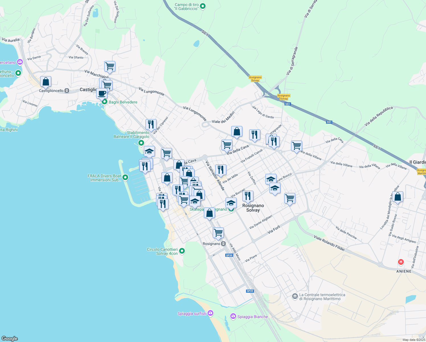 map of restaurants, bars, coffee shops, grocery stores, and more near 21 Via Calatafimi in Rosignano Solvay-Castiglioncello