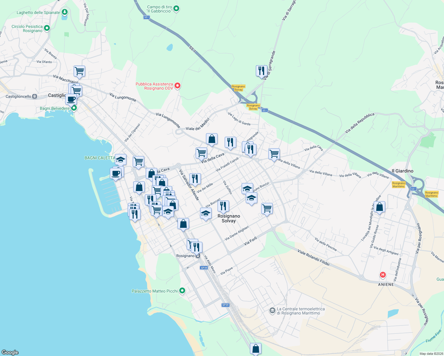 map of restaurants, bars, coffee shops, grocery stores, and more near 40 Via Fratelli Bandiera in Rosignano Solvay-Castiglioncello