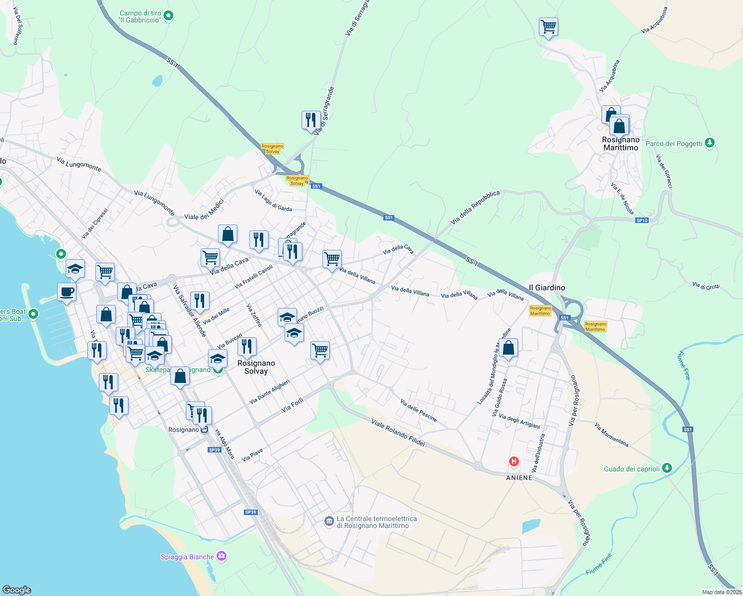 map of restaurants, bars, coffee shops, grocery stores, and more near 5 Via Gino Capponi in Rosignano Solvay-Castiglioncello