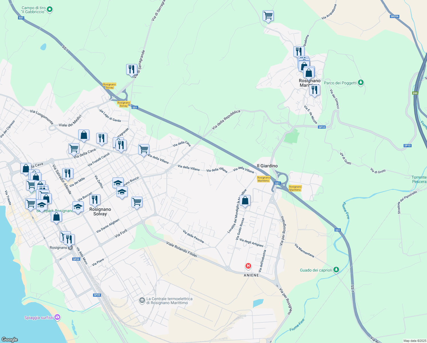 map of restaurants, bars, coffee shops, grocery stores, and more near 170 Via della Villana in Rosignano Solvay