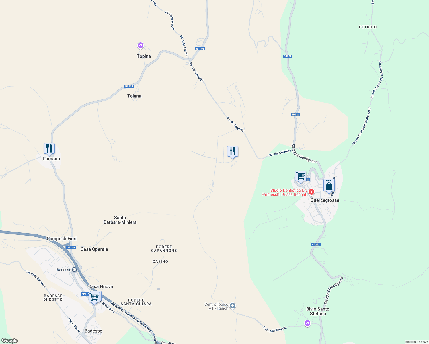 map of restaurants, bars, coffee shops, grocery stores, and more near in Province of Siena
