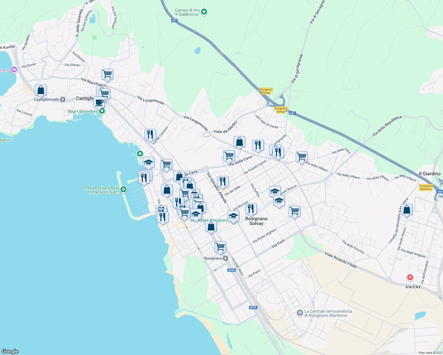 map of restaurants, bars, coffee shops, grocery stores, and more near 21 Via Calatafimi in Rosignano Solvay-Castiglioncello