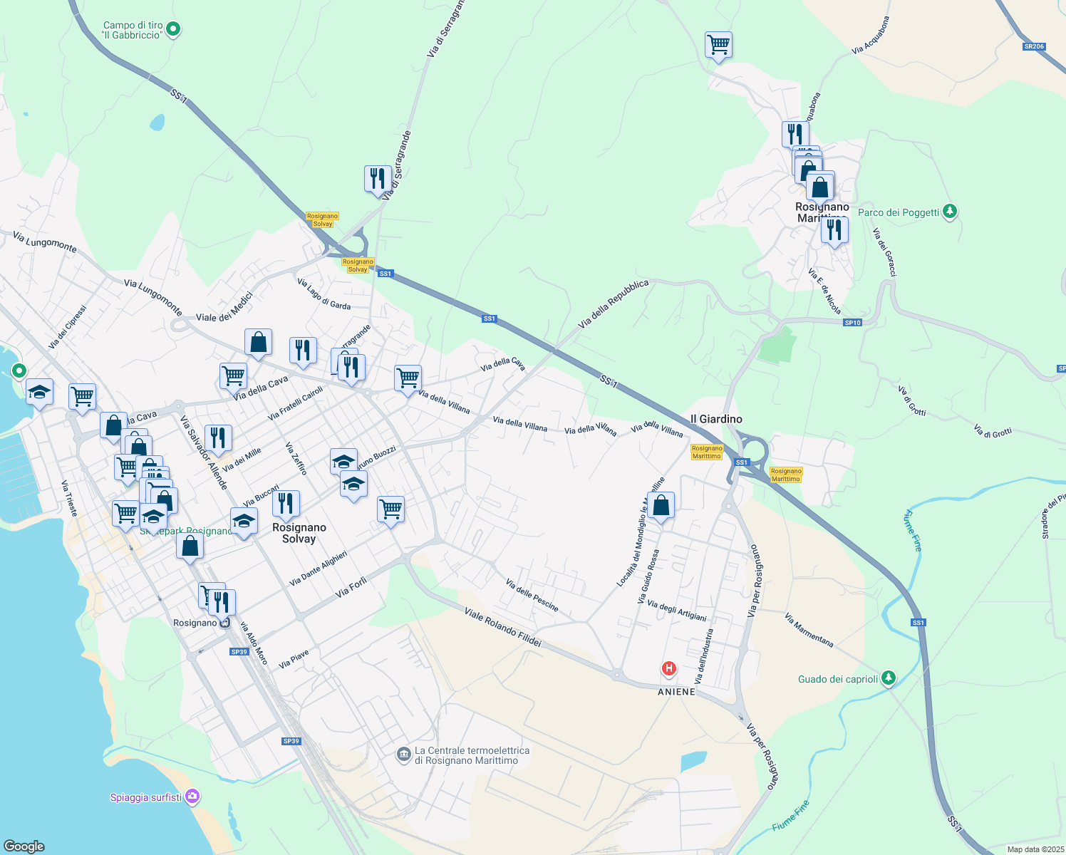 map of restaurants, bars, coffee shops, grocery stores, and more near 120 Via della Villana in Rosignano Solvay-Castiglioncello