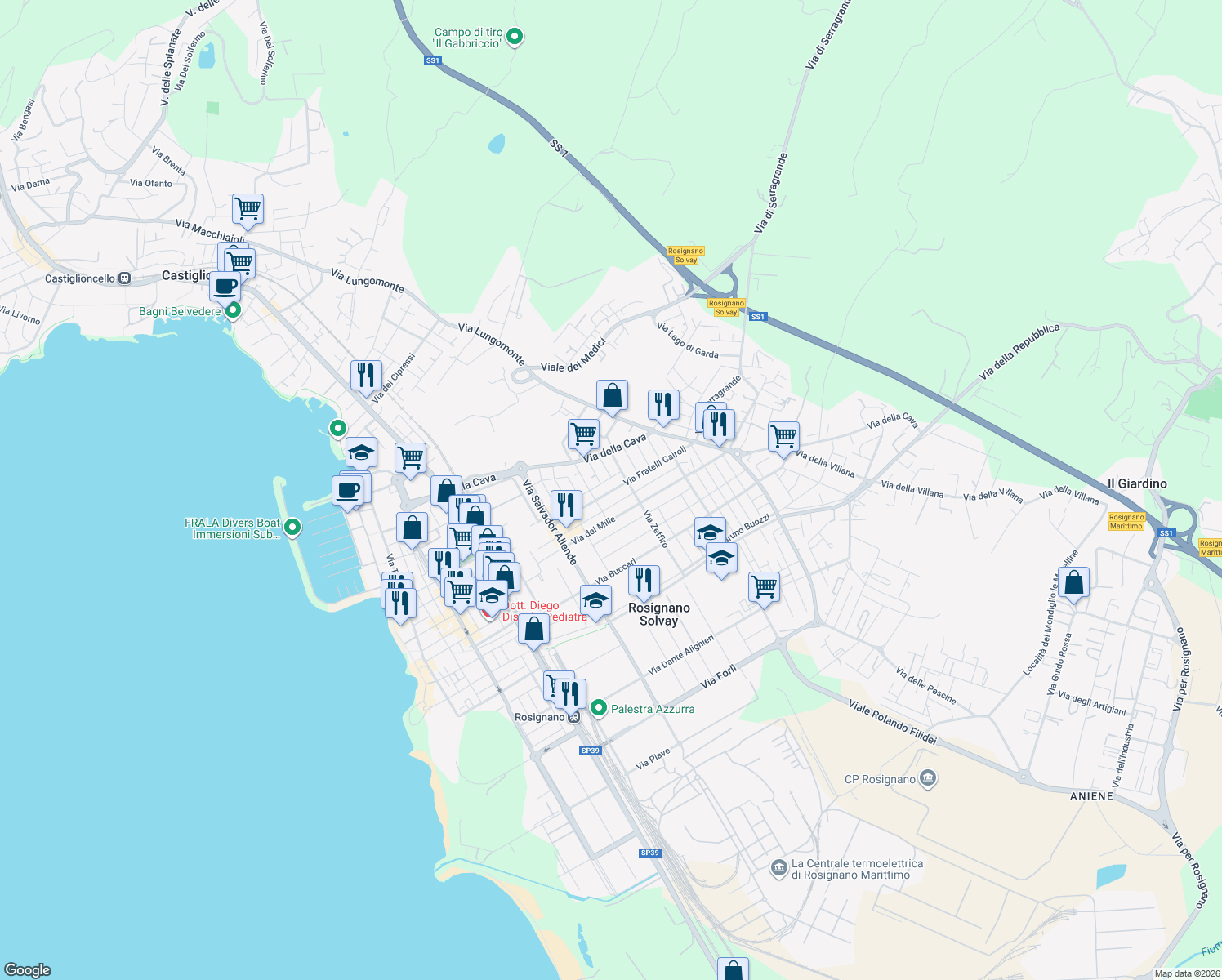 map of restaurants, bars, coffee shops, grocery stores, and more near 45 Via Fratelli Cairoli in Rosignano Solvay-Castiglioncello