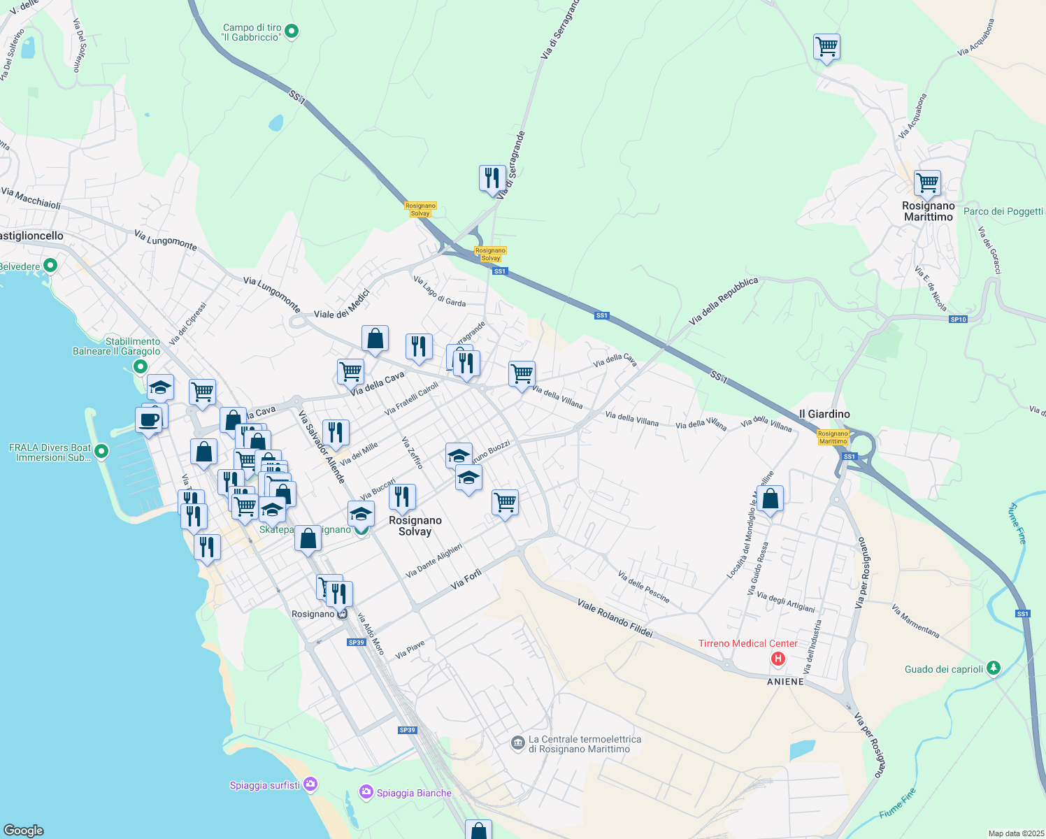 map of restaurants, bars, coffee shops, grocery stores, and more near 12B Via G. B. Vico in Rosignano Solvay-Castiglioncello