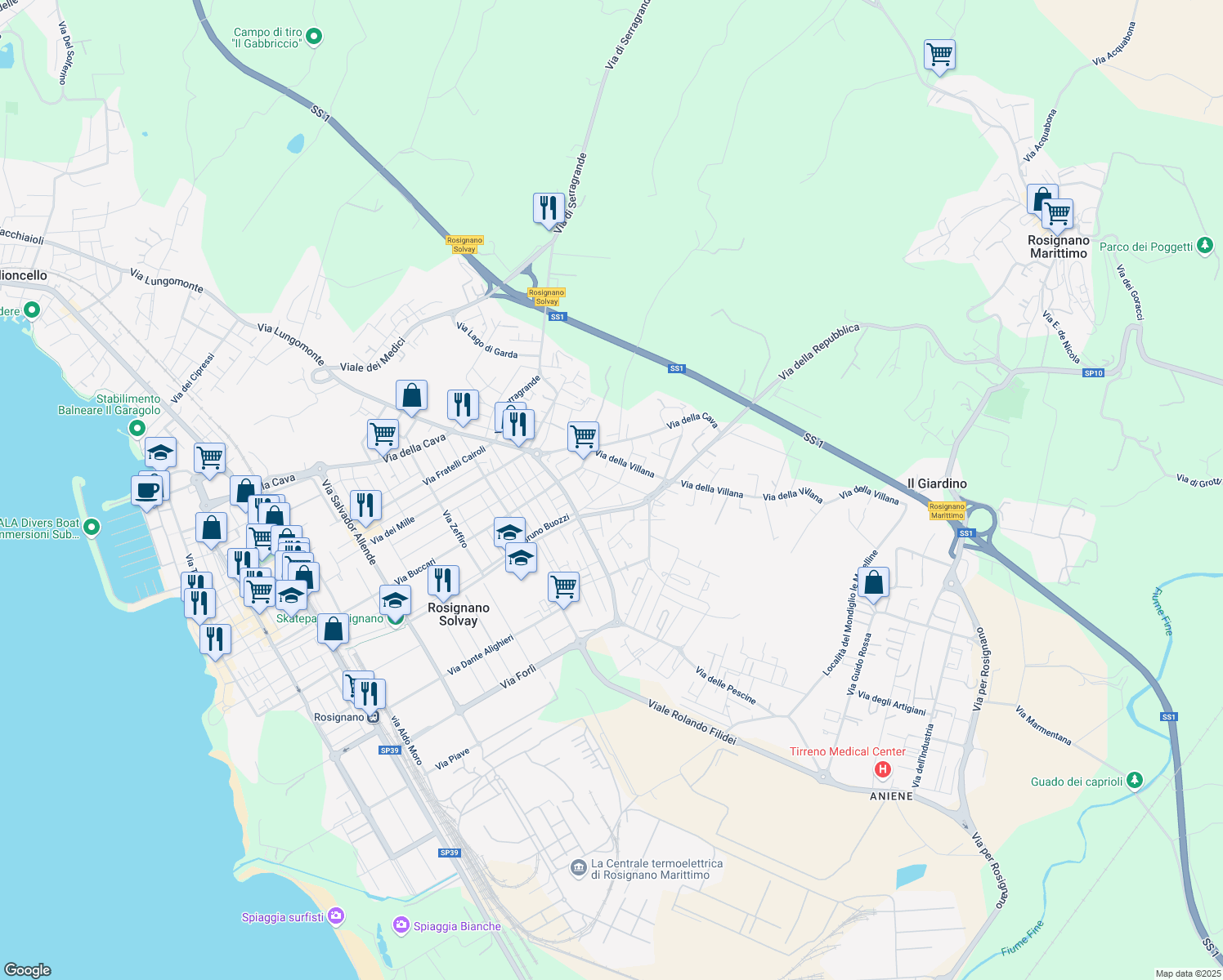 map of restaurants, bars, coffee shops, grocery stores, and more near 30 Via V. Cuoco in Rosignano Solvay-Castiglioncello